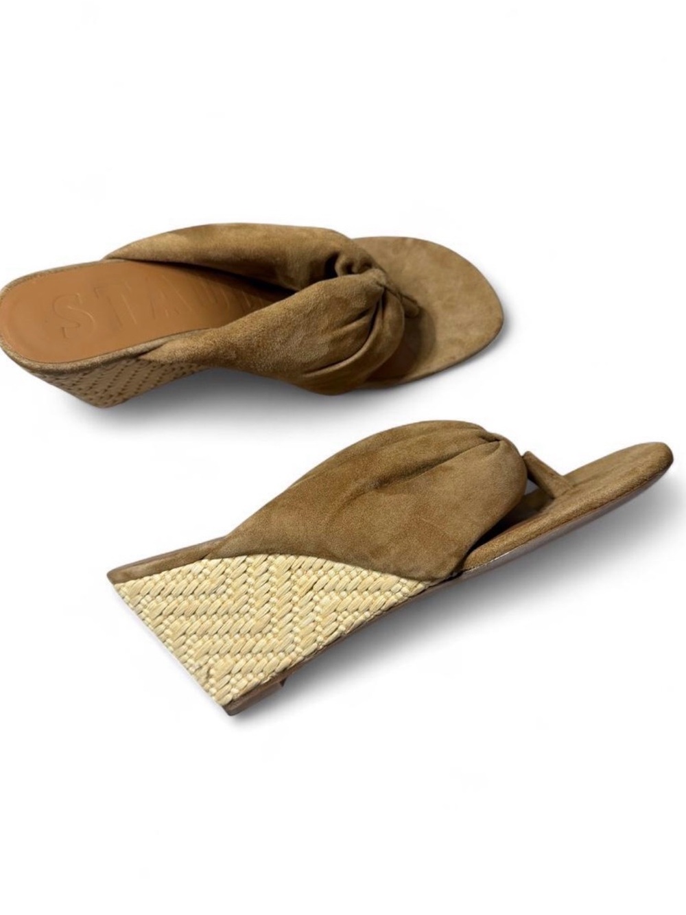 STAUD Dahlia Suede Wedge Sandals Women’s 38.5 Tan Brown Thong Raffia Leather